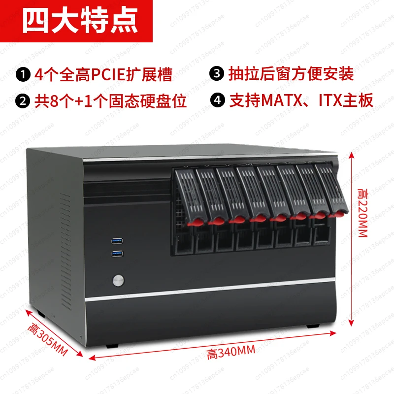 8-bay NAS chassis hot-swappable hard drive, MATX motherboard, full-height graphics card, Black Synology Wanyou storage server view 3