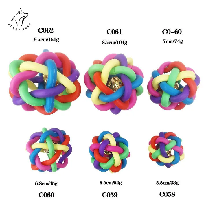 Jouet tissé de cloche colorée de TPR pour des chiens, boule d\'arc-en-ciel, jouet de couinement, caoutchouc interactif jouant à mâcher avec de