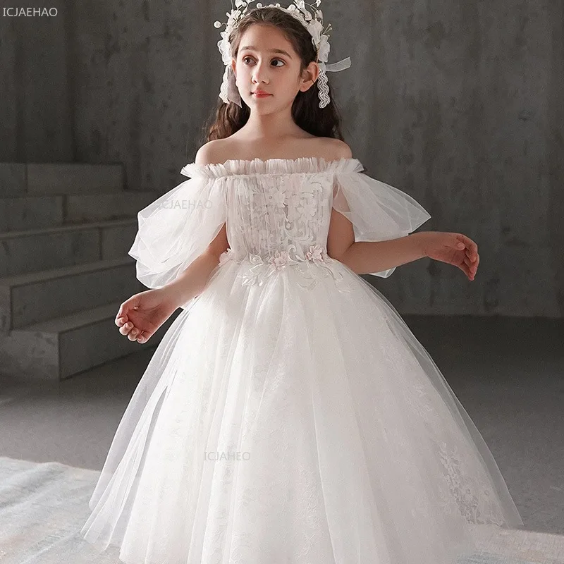 

Girls White Princess Party Dress Piano Performance Evening Pageant Formal Celebration Puffy Tulle Flower Girl Wedding Gown for