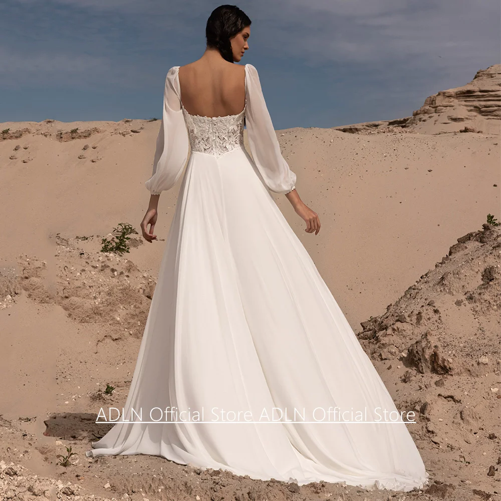 Sexy Beach Wedding Dress Customized Square Neck Puff Sleeves Beading Applique Split Chiffon Summer Bridal Gown for Woman