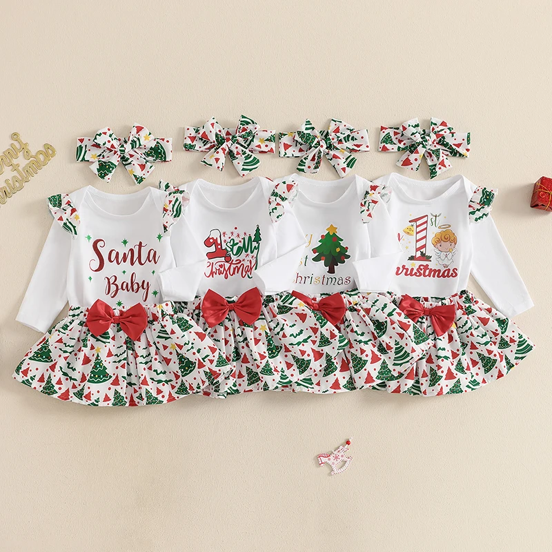 3-24M Baby Girls 3Piece Christmas Outfit Sets Ruffled Long Sleeve Letter Tree Print Rompers + A-line Skirt + Bowknot Headband