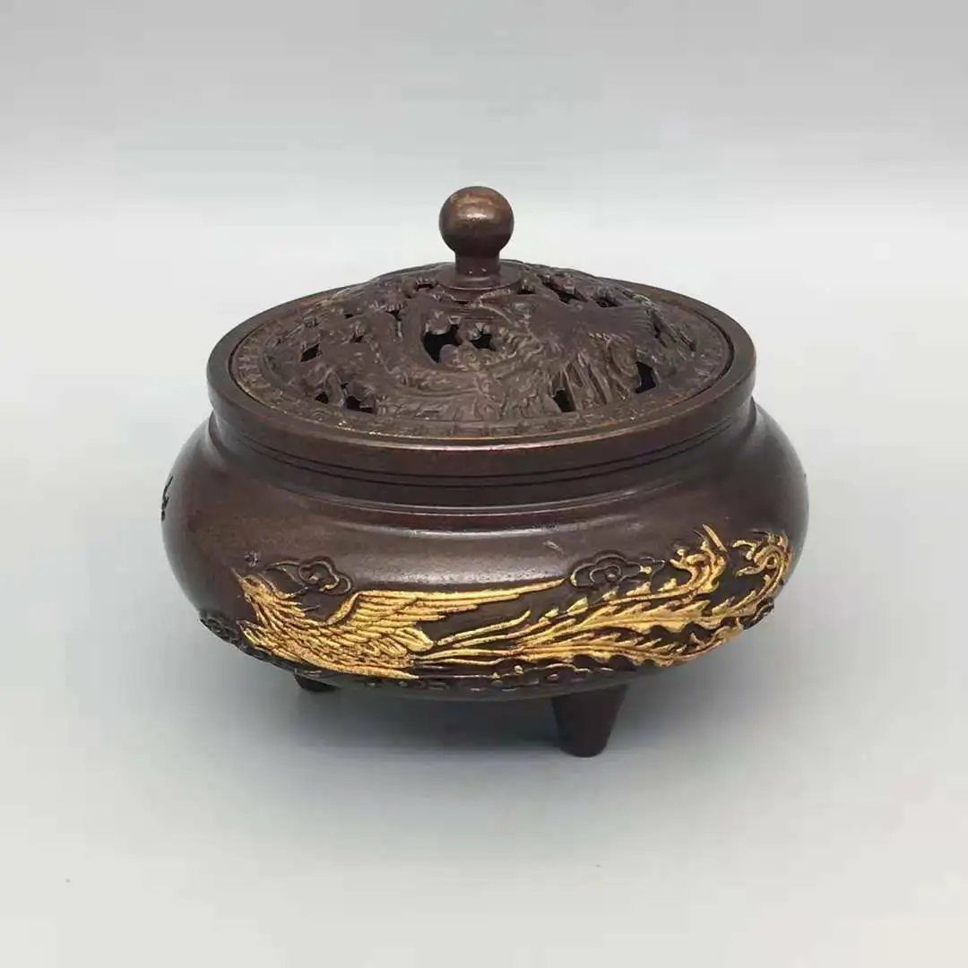 Chinese Copper Gilt Handmade Exquisite Dragon & Phoenix Incense Burners 7791