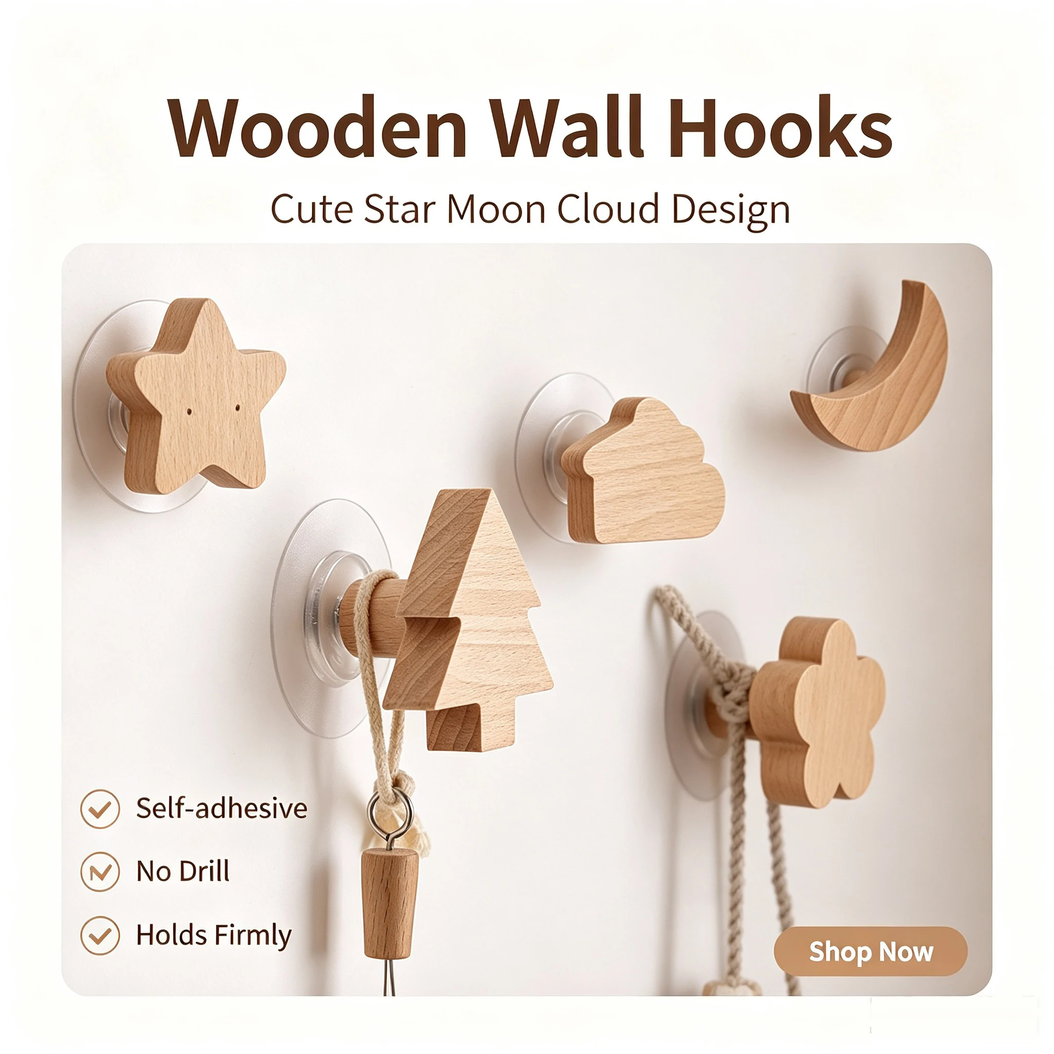 1pcs New Wooden Hook Creative Star Moon Animal Hook Wall Hanging Coat Hook Home Decoration Solid Wood Hook Kitchen Accessories