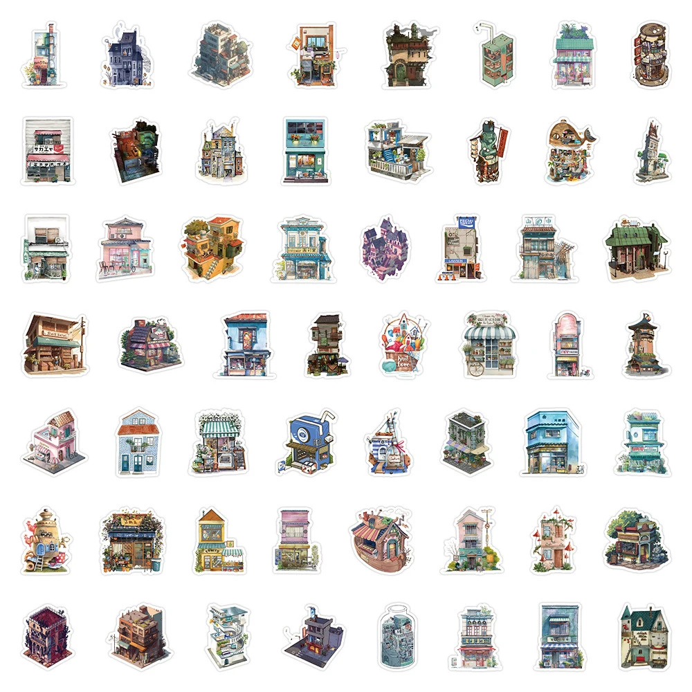 10/30/60pcs Retro Cartoon Store Building Stickers Waterproof DIY Laptop Phone Water Bottle Anime Style Graffiti Decals Toy Gift
