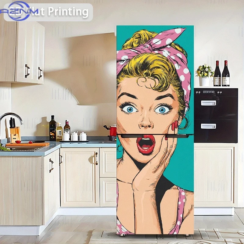 Refrigerator Sticker Pop Art Style Surprised Woman Image, Blonde with Pink White Dot Headband And Pink White Dot Sus