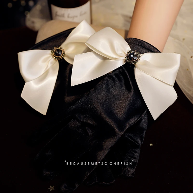 Korean Solid Color Satin Black Bow Rhinestones Studio Photo Wedding Dress Gloves Women Summer Driving Sunscreen Gloves S95