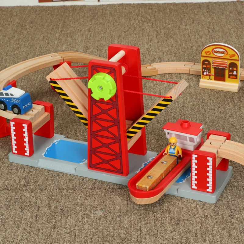 Set di giocattoli per binari del treno in legno Set di sollevamento Accessori per ponti a sospensione di grandi dimensioni Binario per binari Ferrovia in legno Giocattoli per bambini PD82