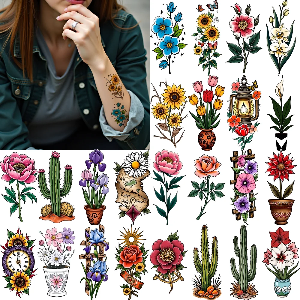 

28pcs Temporary Tattoo Red Rose Waterproof Long-lasting Body Stickers Sunflower Daisies New School Traditional Cactus For Men