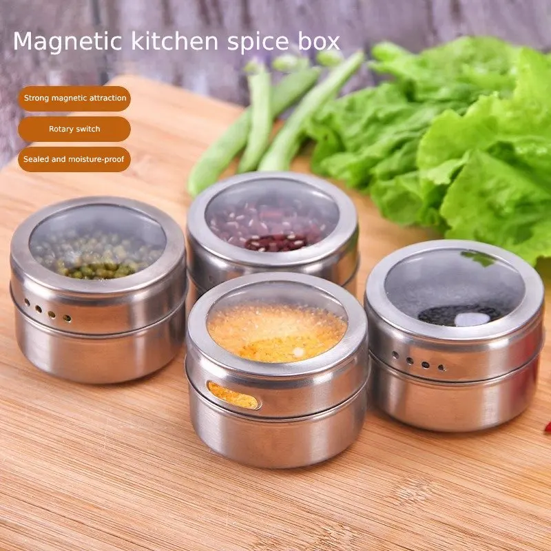 304 Stainless Steel Magnetic Spice Jars Set Airtight Leakproof Kitchen Storage Containers Refrigerator Organizer with Strong Lid