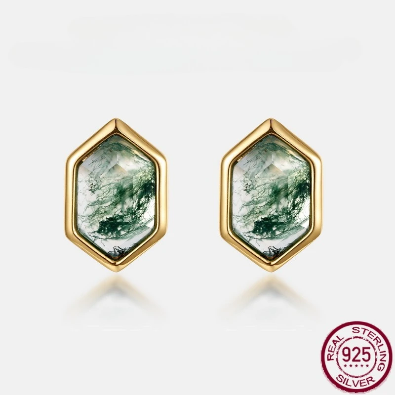

New S925 pure silver geometric green moss stone inlaid with hexagonal water grass agate, simple and luxurious wedding jewelry