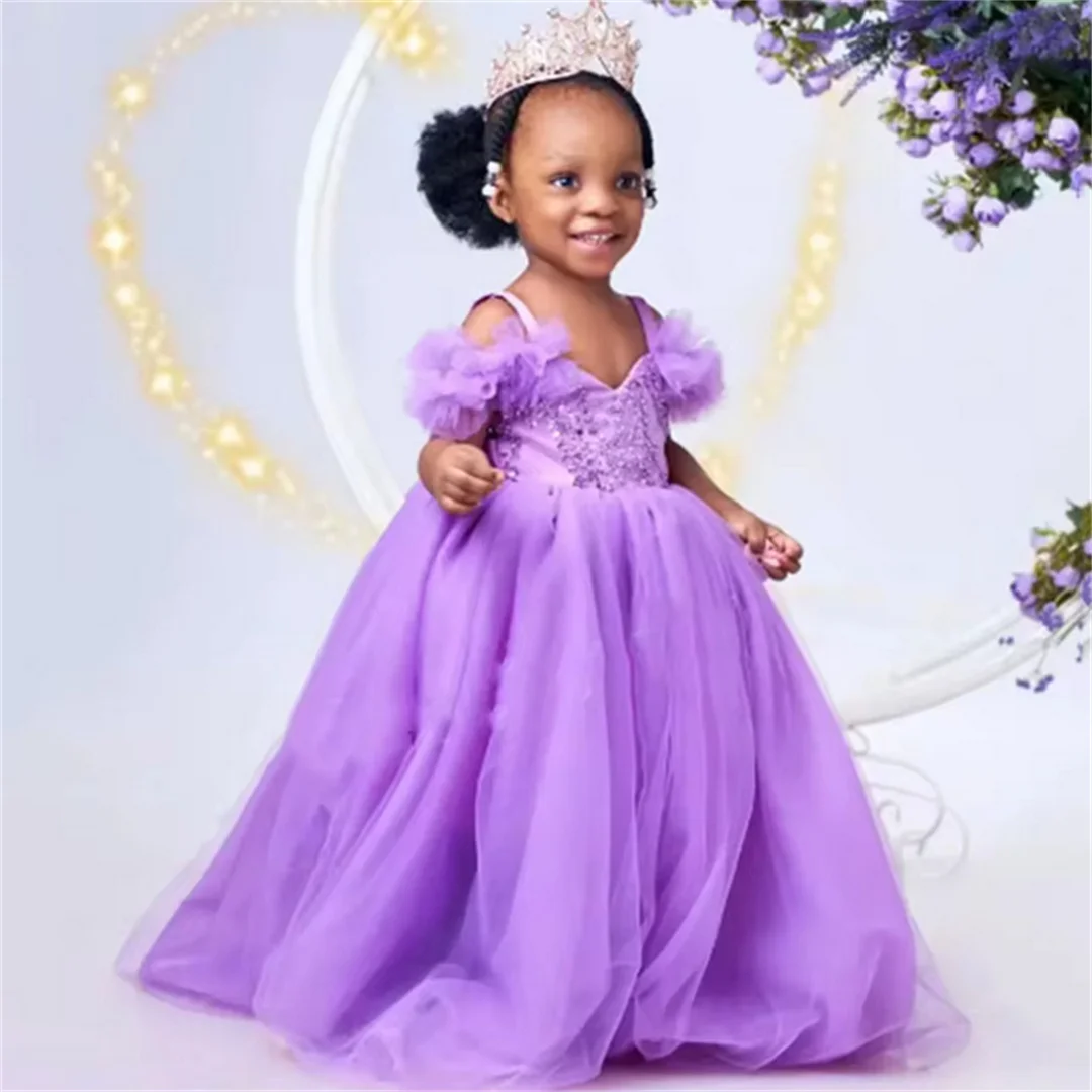 

Лавандовые платья для девочек-цветочниц по индивидуальному заказу на свадьбу с открытыми плечами и аппликациями с блестками длиной до пола, бальное платье для фотосессии для малышей