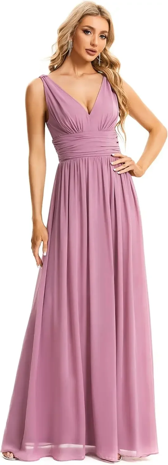 結婚式のゲストドレス 夜会服 レディース ブライドメイドドレス Vネック ノースリーブ Aライン シフォン フロアレングス フォーマルドレス