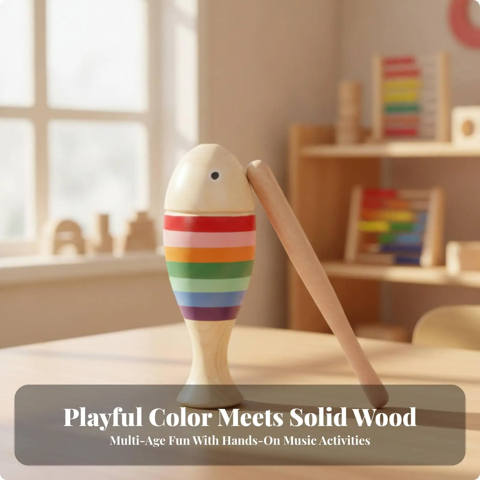Kids Wooden Fish Music Percussion Toy Rainbow Solid Wood Rhythm Instrument for Early Learning with Wooden Mallet