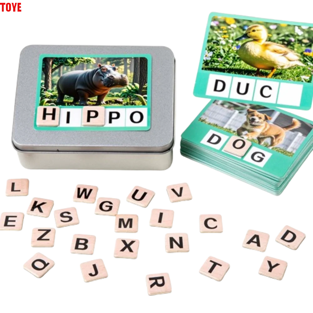 Rompecabezas de madera, juego de ortografía del alfabeto, hechizo de animales de dibujos animados, juego de palabras, alfabeto, letra bonita, bloque de ortografía, regalo para niños