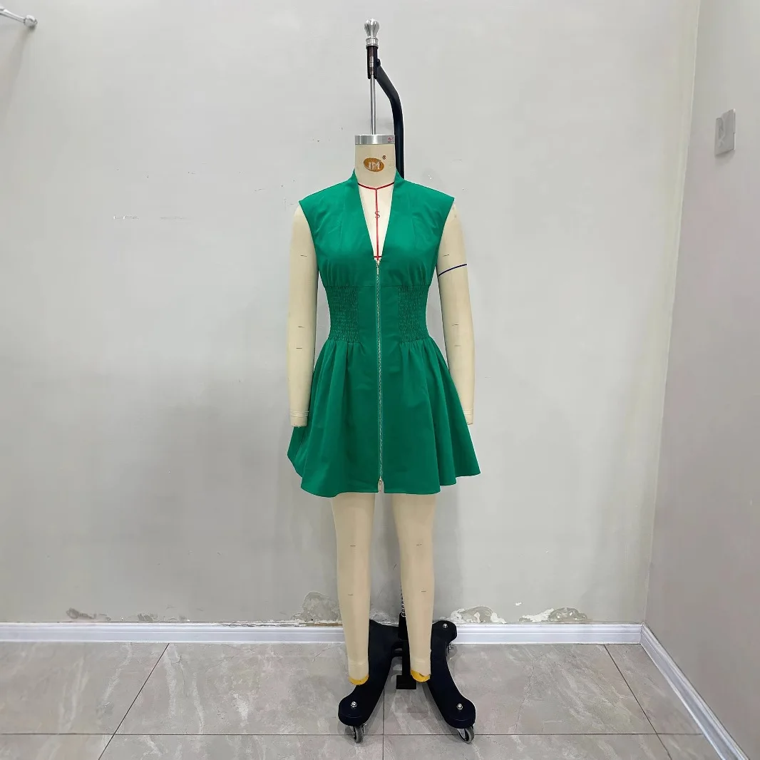 2025 Summer New Fashion V-neck Zipper Open Women Dress Simple Solid Color Female Sleeveless Dresses