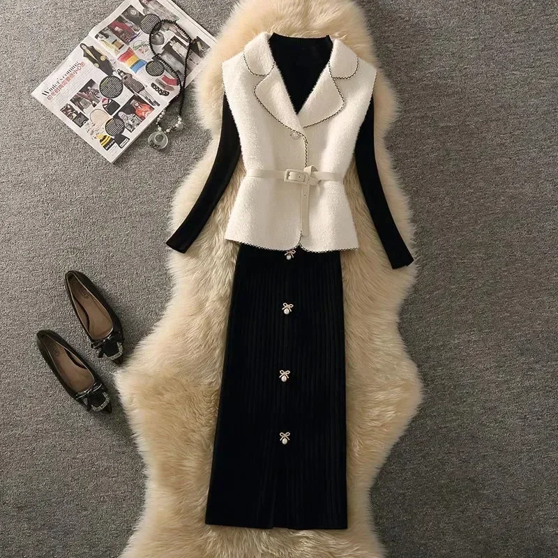 

Elegant Sweater Half Neck High + Sleeveless Waistcoat + High Live Skirt Knitted 3 Pieces Woman Clothing Woman Korean Office L331