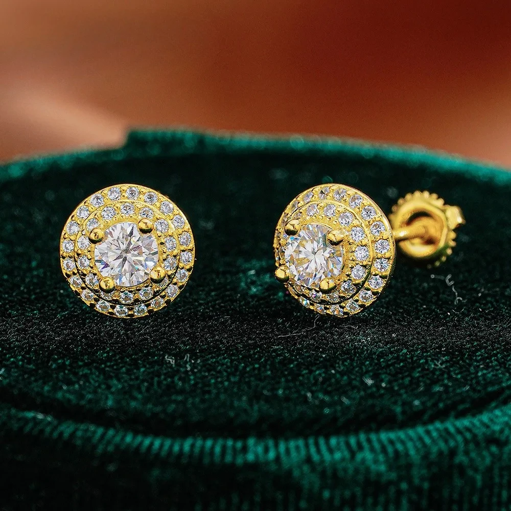 KyanGem Platinum PT950 Adorable Round Moissanite Stud Earrings Double-Layer Lavishly Set Unisex 18K Gold Ear Jewelry
