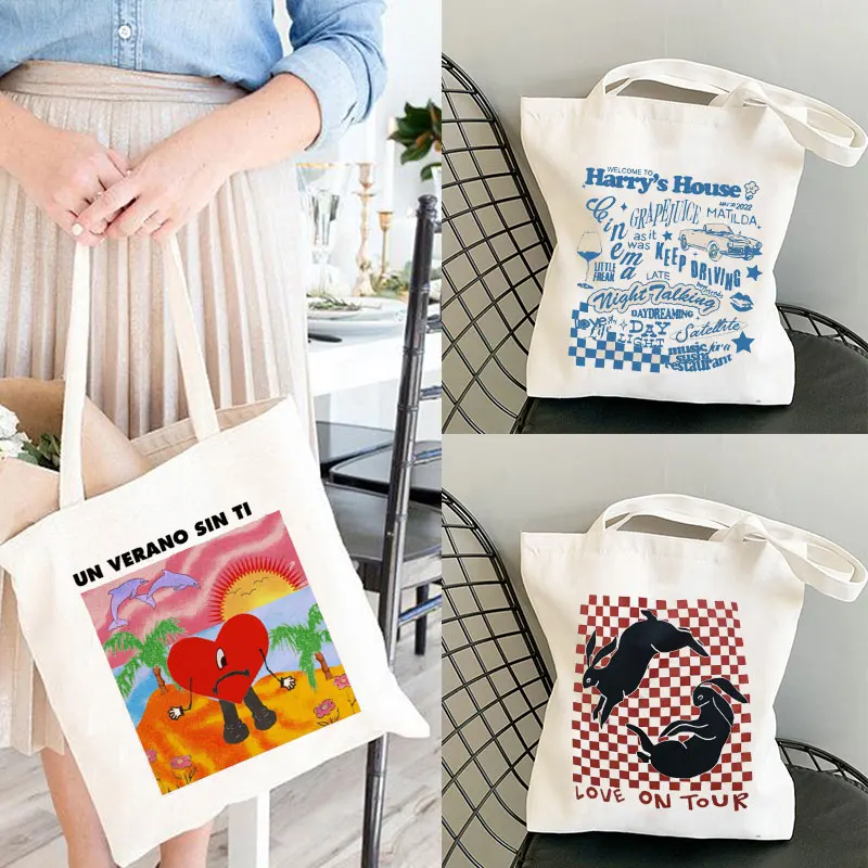 Sac fourre-tout en toile de style Harry Potter, sac à main imprimé Bad Bunny, sacs à main décontractés pour le shopping, album de musique, UN VERANO