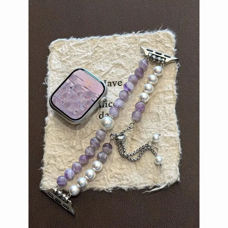 Luxury Amethyst Pearl Beaded Strap for Samsung Galaxy Watch7 6 5 FE Delicate Jewelry Wristband for Garmin Venu3 2 Accessory 18mm