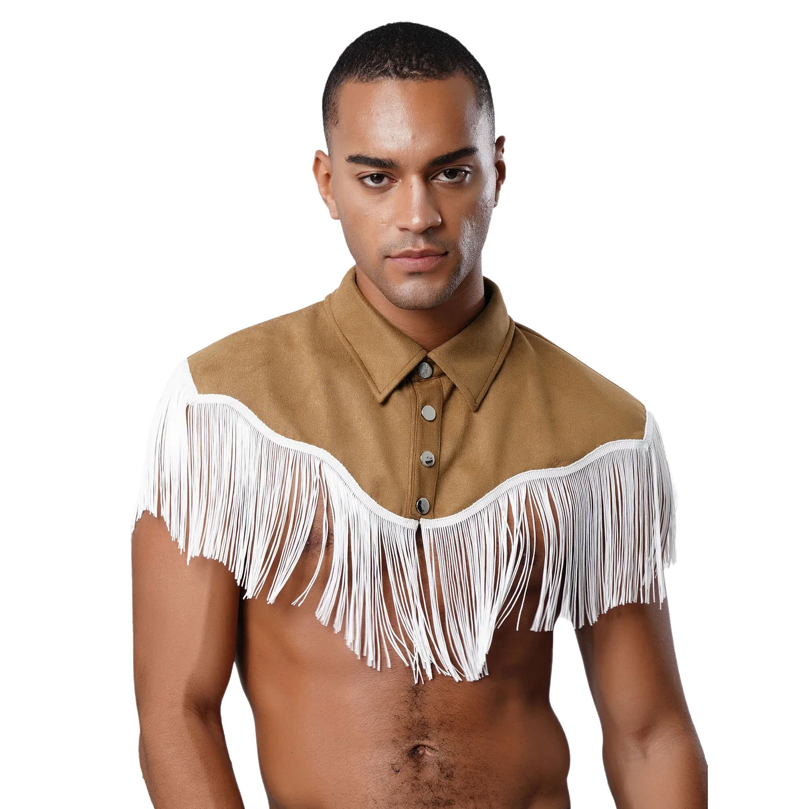 

Men Cowboy Hippie Outfits Faux Suede Tassel Cropped Vest Fringe Shoulder Shawl Shrug for Cowboy Cosplay Theme Party Halloween