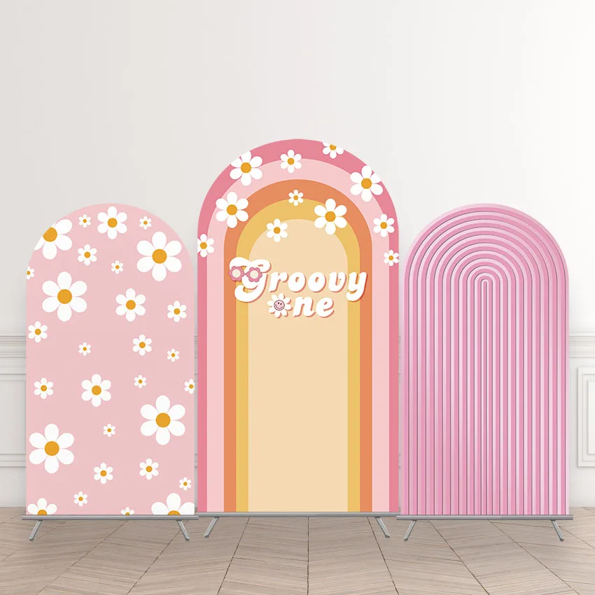 

Mehofond Background Custom Elastic Doubleside Arch Cover Groovy One Daisy Flower Rainbow Girl Birthday Party Backdrop Decor Phot