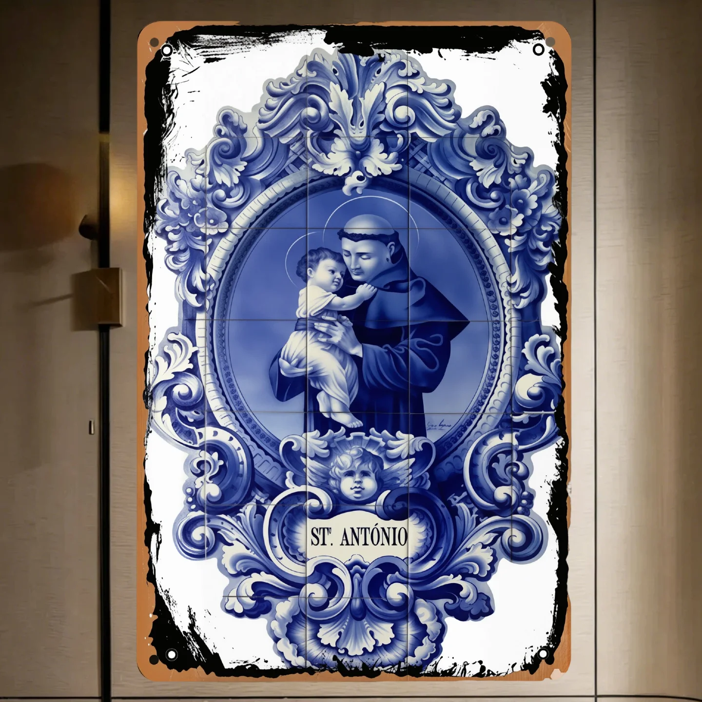 2D Flat Retro Tin Metal Sign - Saint Anthony Holding Baby Blue Tile Art with Carved Ornate Frame 8x12 Inch Wall Decor Gift