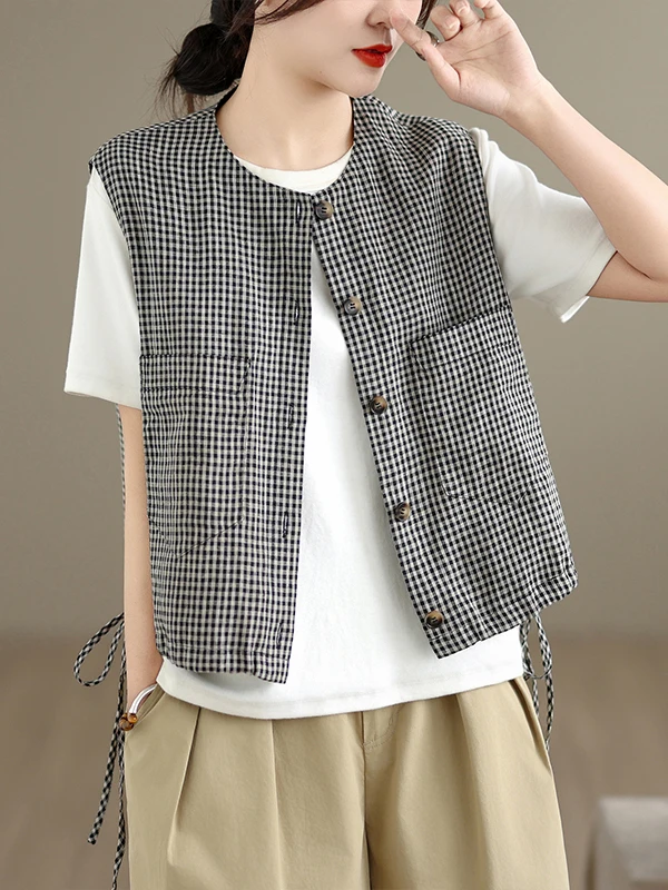 Loose Fit Plaid Vest Sleeveless Design Women's Summer Top Cotton Blend Blend Fabric round Neck Single Button Closure Vest