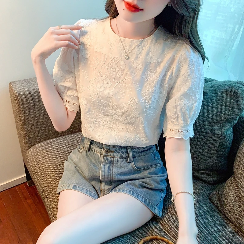 Summer New Short Sleeve Blouse Women O-Neck White Blouse Shirt Women Tops Blusas Mujer De Moda 2024 Verano Blouses Shirts G440