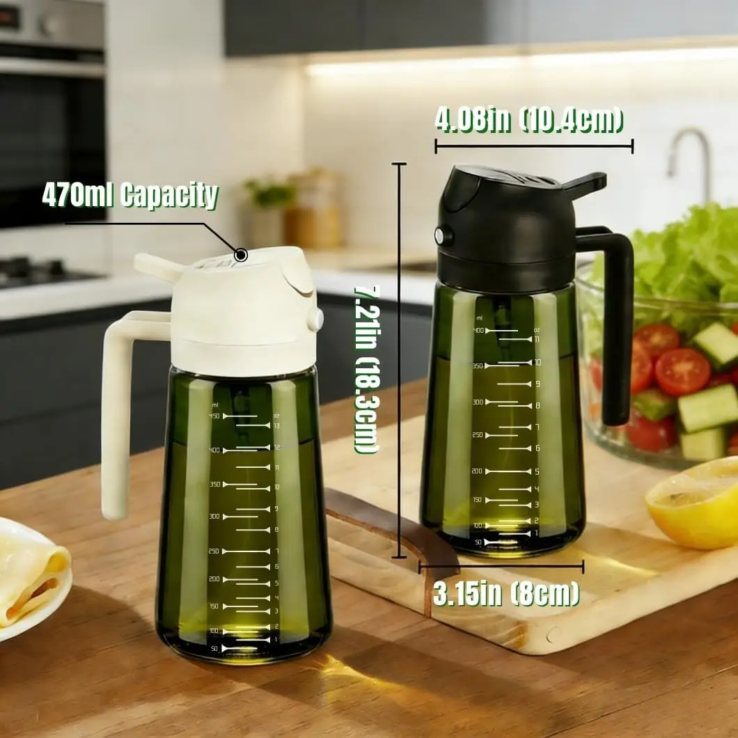 2 in 1 Olive Oil Sprayer and Dispenser, 16oz Glass Oil Spray Bottle with Measurement Marks, grilling spray bottle, Light Blockag