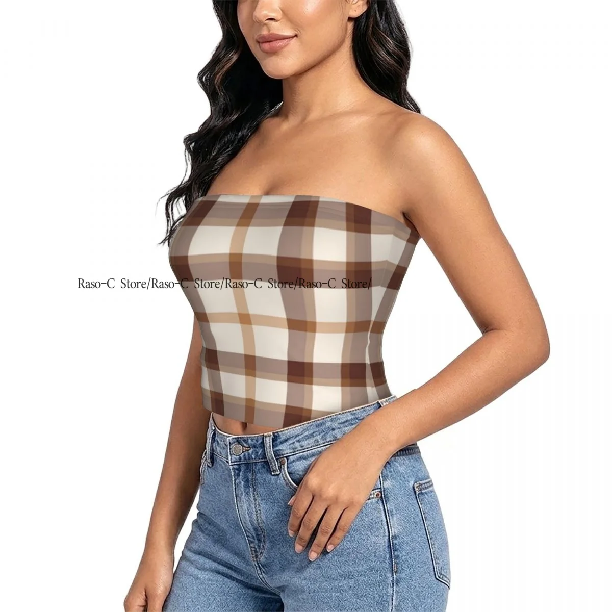 Women's strapless halter top Dye Plaid Tartan summer sexy short-sleeved top