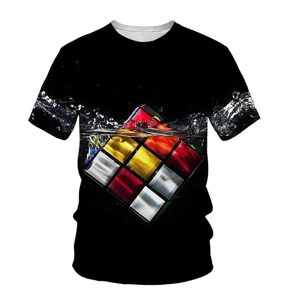 2025New Men's Short Sleeve Melting Rubik's Cube Fashion New Clothes Printed Trendy T-shirt Street Fashion Elements Plus Size
