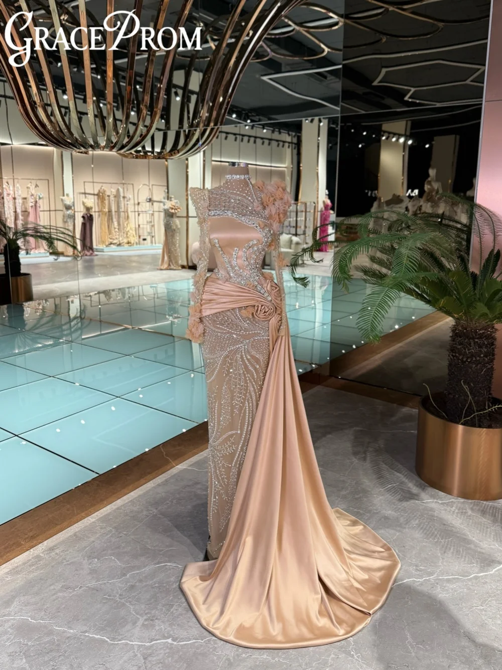 

Захвальное вечернее платье с вышивкой и кристаллами с 3D цветком, современное вечернее платье с длинными рукавами, 2026, платье для красной дорожки по индивидуальному заказу