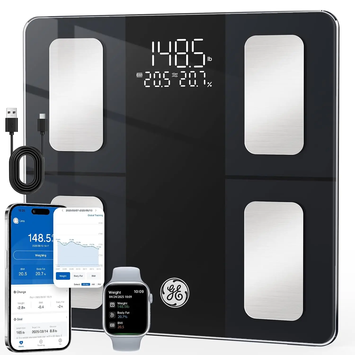 

Smart Body Composition Scale: 13 Metrics, Bluetooth, 400lb Capacity, Rechargeable