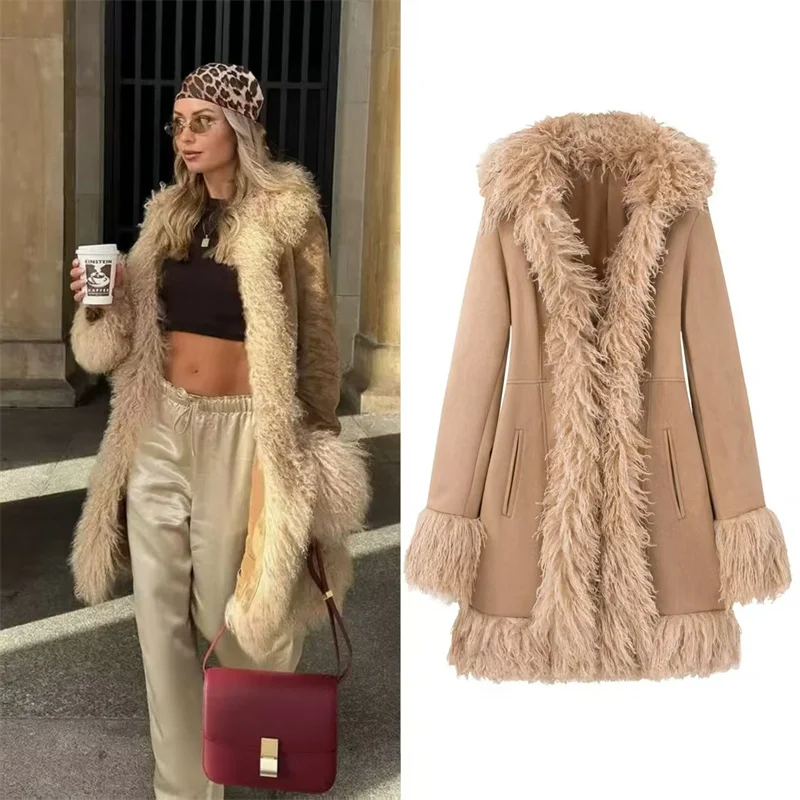 

Elegant Faux Fur Patchwork Woolen Coat Women Lapel Full Sleeve Solid Lady Long Coats Autumn Winter Fashion Female Outwears