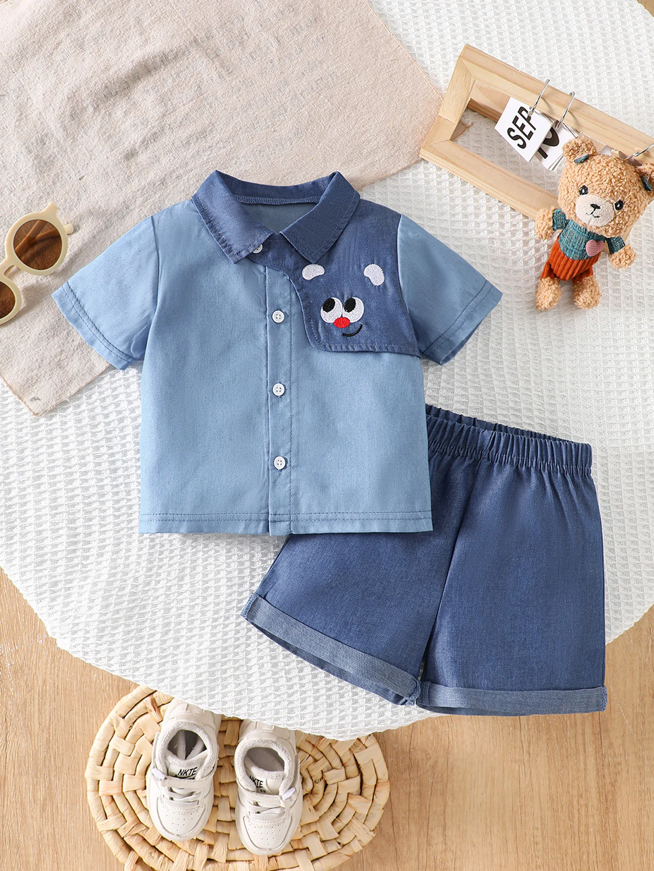 IURNXB Baby Clothes Set 2Pcs Color Block Light Denim Toddler Boy Summer Outfits Short Sleeve Shirt+Shorts Casual Suits 1-3Y