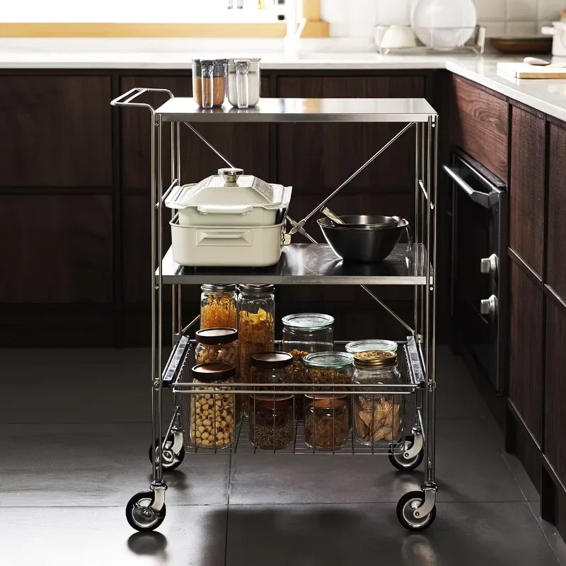 Stainless Steel 3 Tier Heavy Duty Commercial Grade Food Storage Trolley Service Utility Rolling Cart with Handle Bar