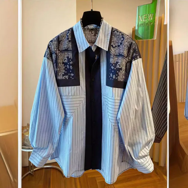 

2025 New High-End Loose Casual Retro Ethnic Style Printed Blue Striped Long Sleeve Shirt For Women, Spring And Autumn Wear