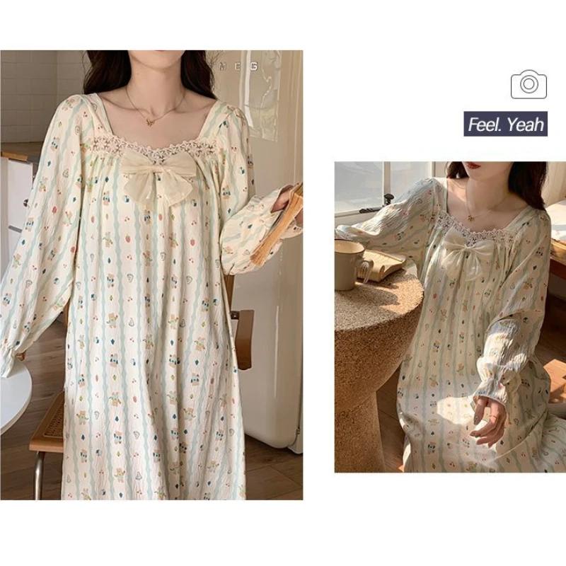 2XL Women Spring Nightgown Korean Ruffles Sleepwear Long Sleeve Home Dress with Chest Pads Lace Cloud Cotton Pajamas Loungewear
