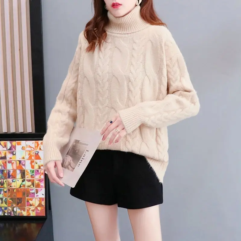 Vintage Autumn Winter Fried Dough Twist Knitting Sweaters Women New High-quality Long Sleeve Plush and Thicken Turtleneck Top