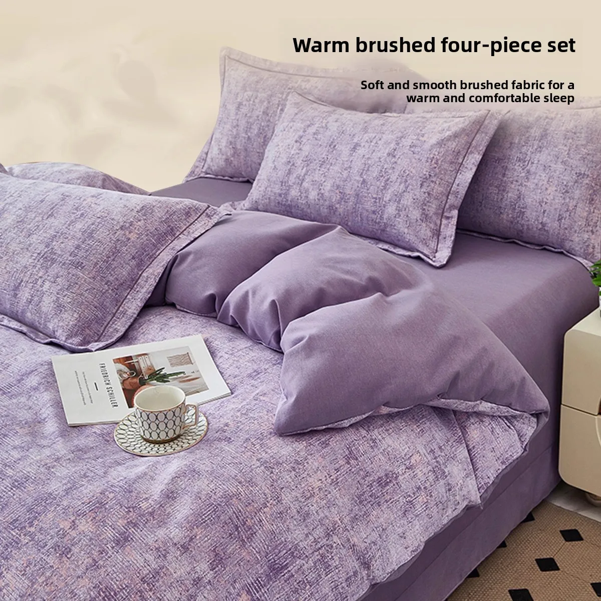 

Home Textile Brushed Blend Cotton Four Piece Bedding Bed Sheet Quilt Cover Household Decoration