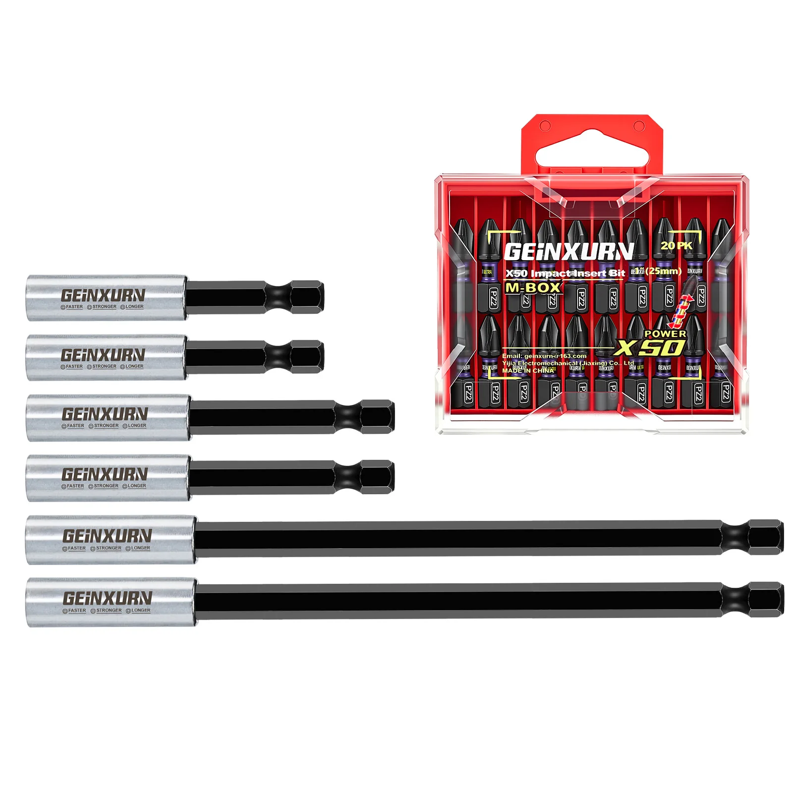 Geinxurn Magnetischer Bit-Halter-Satz mit 1 Zoll PZ2-Bits & Gemischten Bits, Mechanisches Gehäuse, S2-Stahl, für Autoreparatur und Heimgebrauch