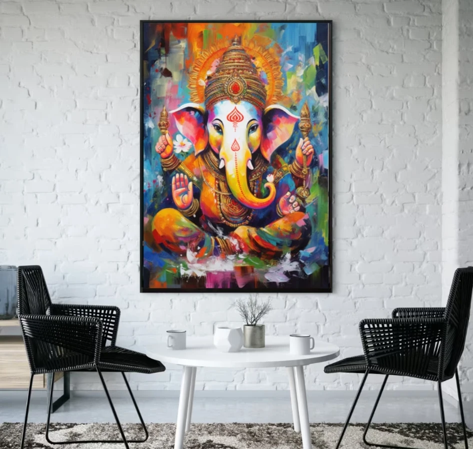 al-Custom Size Handmade Textured Colorful Lord Ganesha God Canvas Hindu Art Painting for Home Living Room Wall Decor！