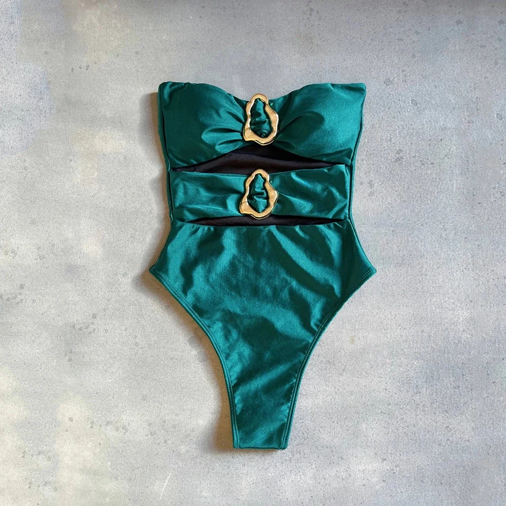 Hollowen One Piece Swimsuit Sexy Women Swimwear 2025 High Leg Bikini Female Biquini Shiny Swim Suits Bodysuit Bathsuit Beachwear image 2