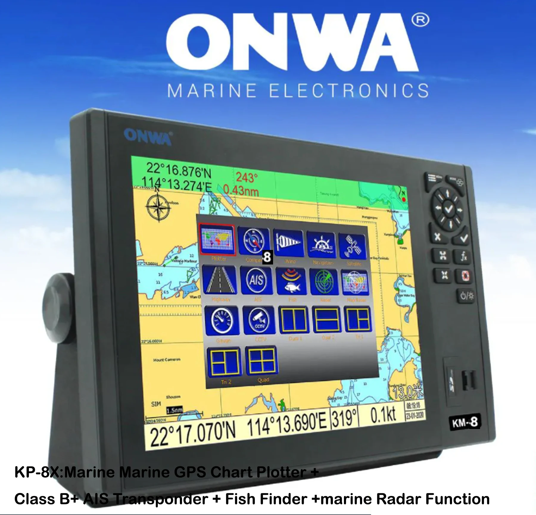 AIS Transponder ONWA KM-8X 5IN1 8-inch Marine Marine GPS Chart Plotter + Class B AIS + Fish Finder +marine Radar Function