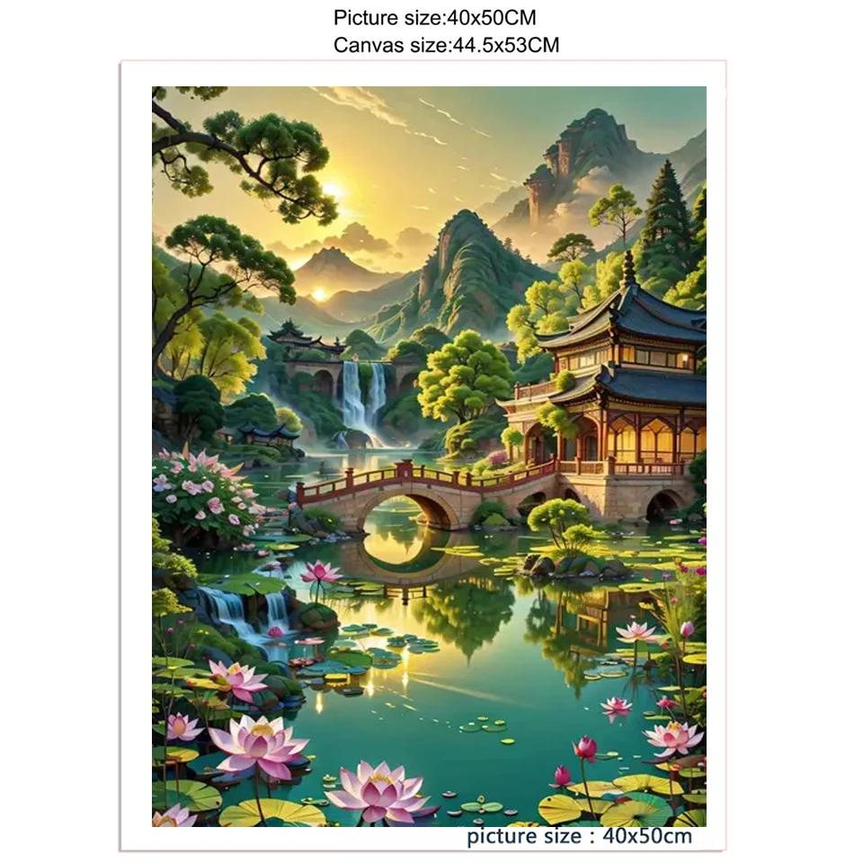 Full Drill Handmade DIY Lotus Courtyard Landscape Diamond Painting Kit Cross Stitch Embroidery Diamond Mosaic Home Decoration