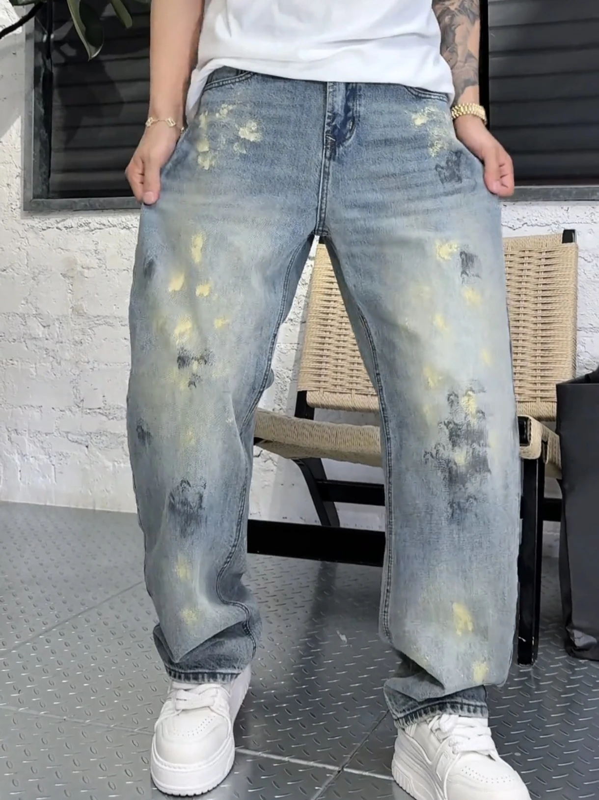 Spring New High Street Men's Denim Jeans Hand-Painted Design Vintage Washed Casual Pants Fashionable Knife-Shape Legs