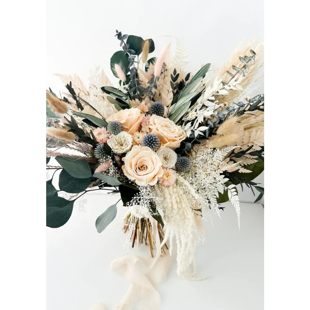 Dried Flowers,Blush Rose,Dusty Blue Greenery,Wedding Flowers,Bride and Bridesmaids Bouquets