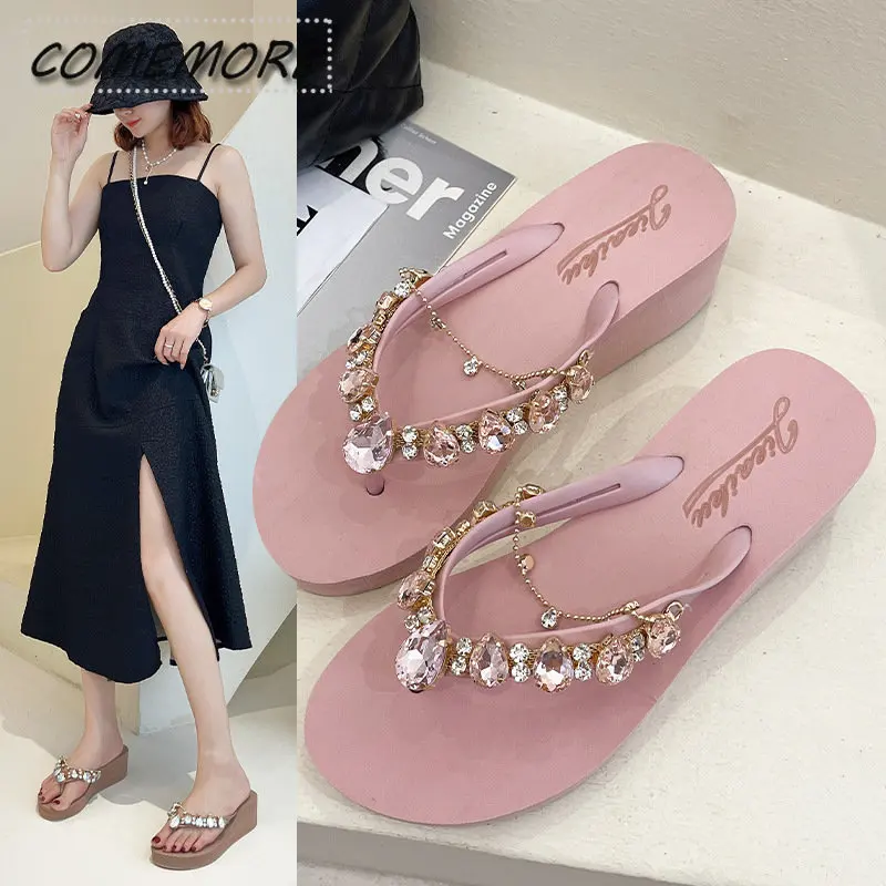 2023 New Slippers Rhinestone Chain Thick Bottom Women\'s Summer Flip-flops Beach Platform Wedges Heel Sandals Casual Comfortable