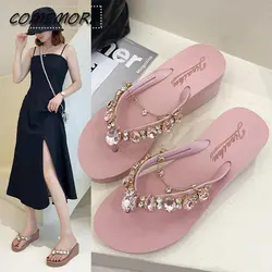 2023 New Slippers Rhinestone Chain Thick Bottom Women's Summer Flip-flops Beach Platform Wedges Heel Sandals Casual Comfortable