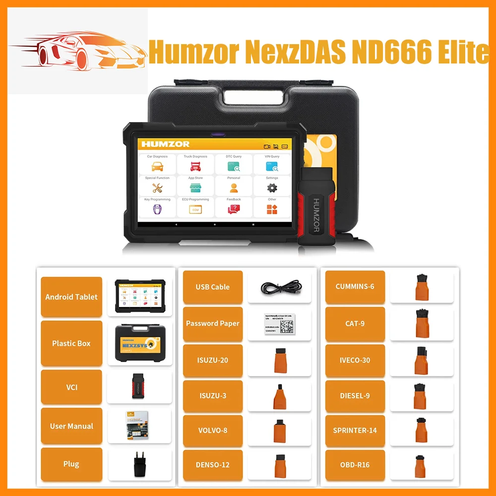 Original Humzor NexzDAS ND666 Elite OBD2 Scanner 12V&24V Car and Truck Full System Diagnosis Tool ECU Coding Odo-meter Adjust